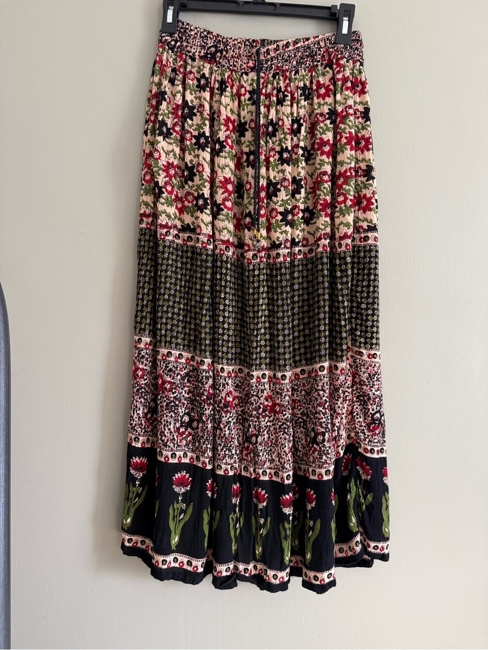 Boho Floral Patchwork Maxi Skirt Rayon Free Size Elastic Waist